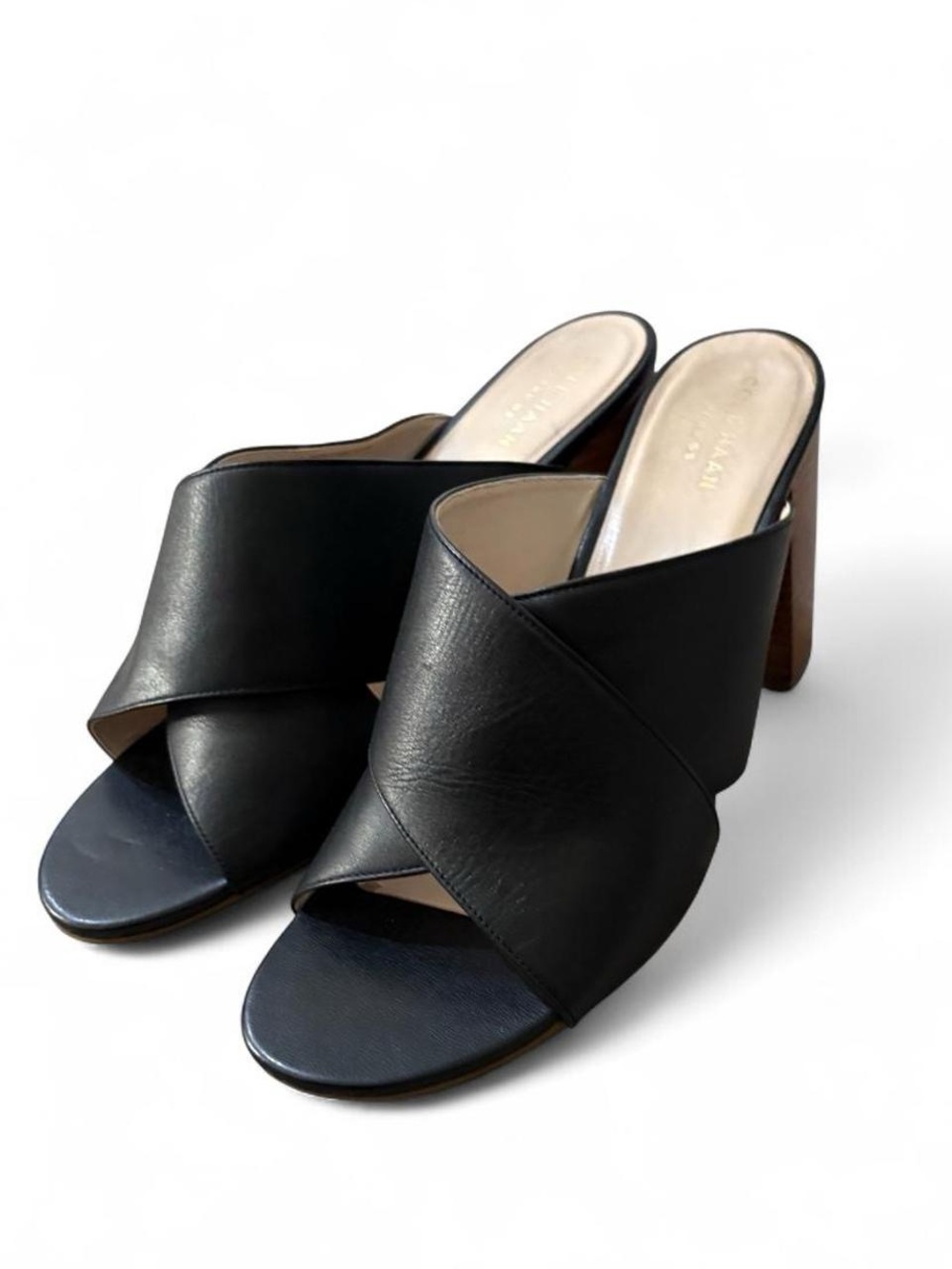 Womenโs 8.5B Cole Haan Black Leather Cross-Band Block Heel Mules